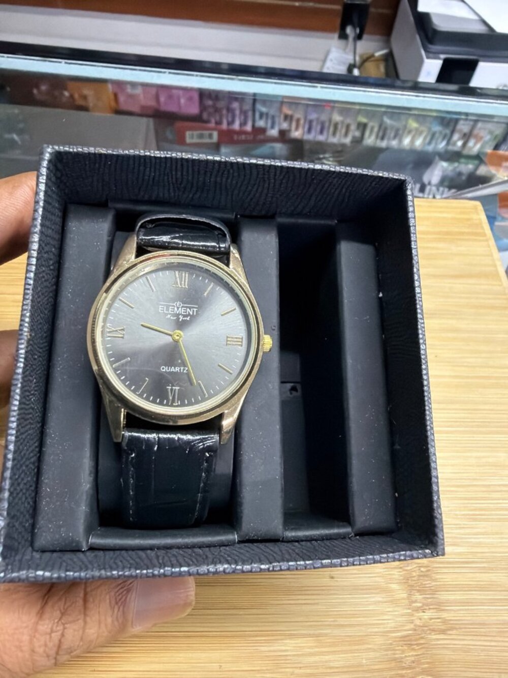 Element New York Gold Tone Quartz Dress Watch Black Strap New in Box